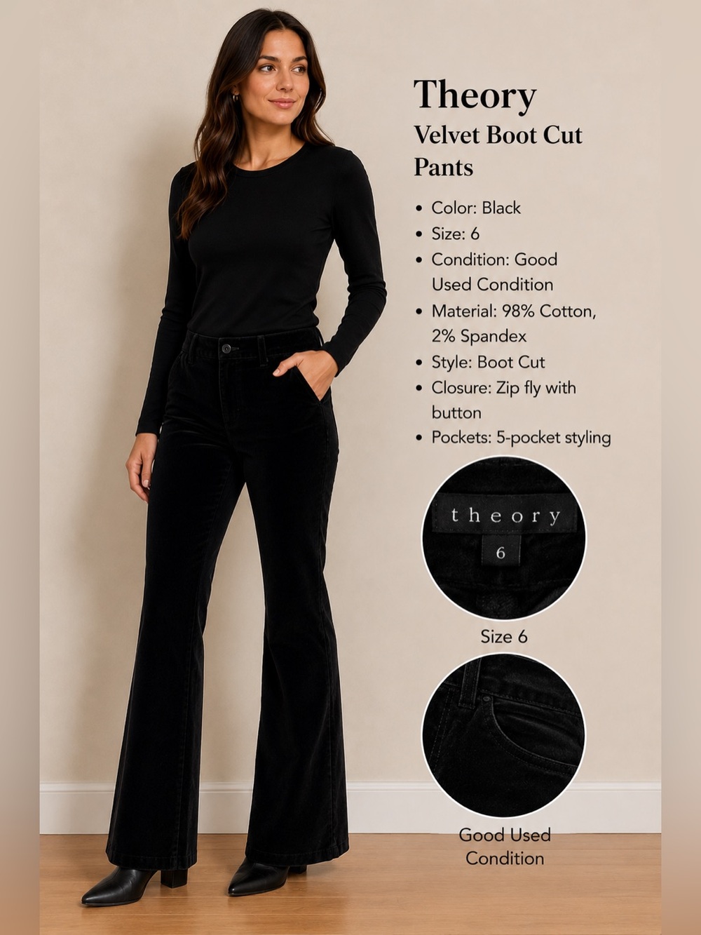 Theory black velvet boot cut jean